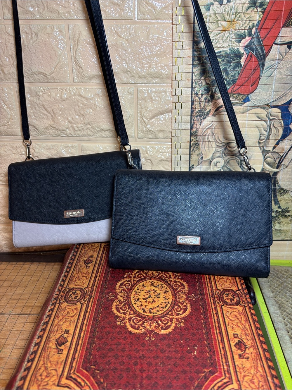 2 kate spade Crossbody Bags, Wallets w Detachable Strap, Black Cream Leather
